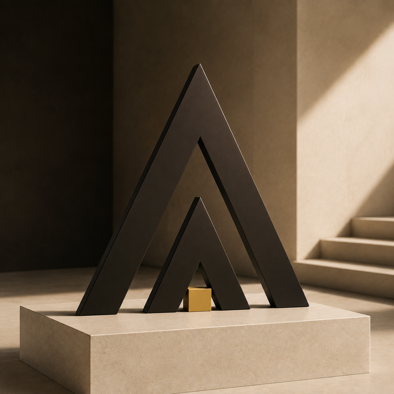 Adam Abdalla’s personal mark, sculpted in dark metal with an ochre accent on a limestone plinth